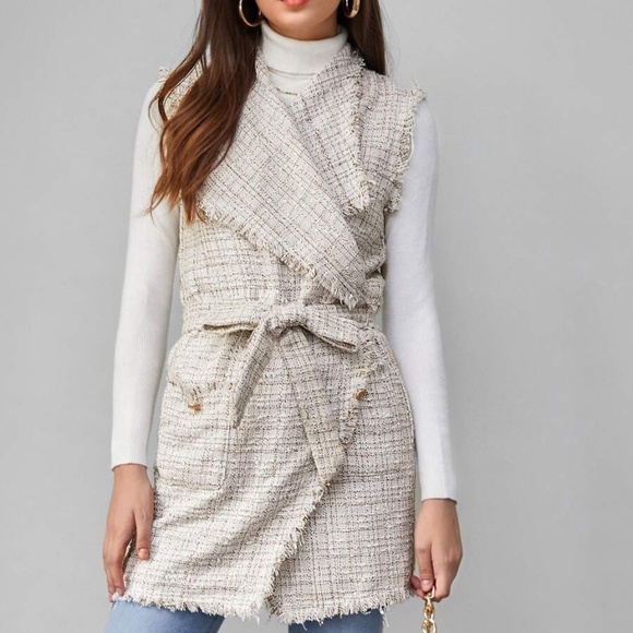 cream waterfall tweed vest jacket fall belt - Picture 2 of 6